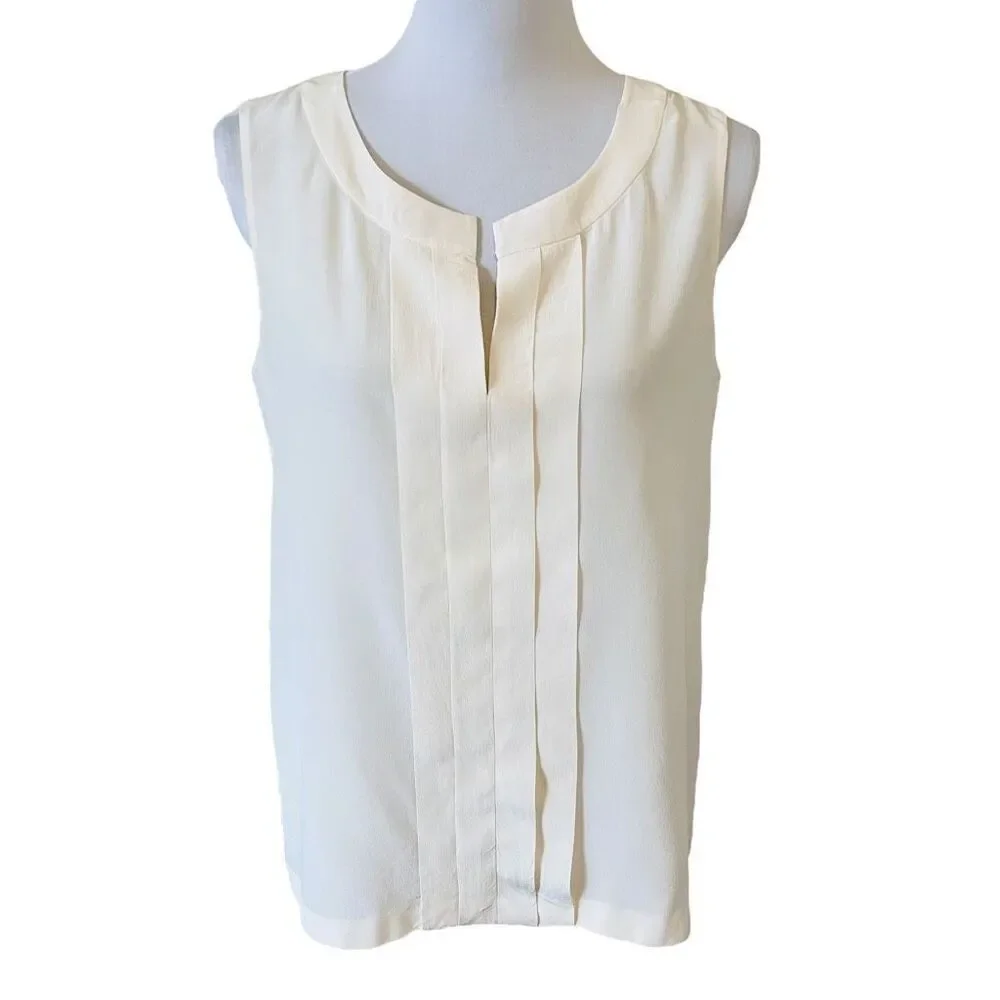 Kate Spade Addie Top Silk Split Neck Pleated Tank Top Cream Size 10
